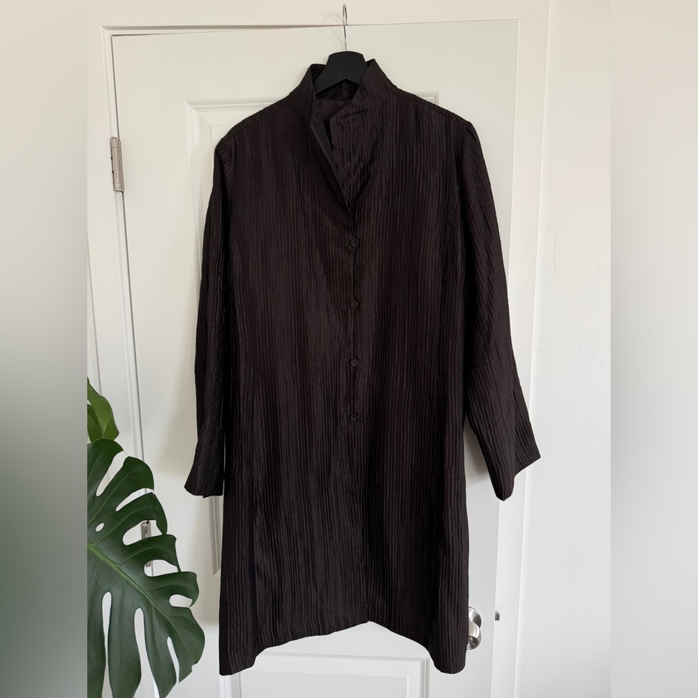 EILEEN FISHER brown Silk lined long Sleeve Shirt Dress silk XL dark brown